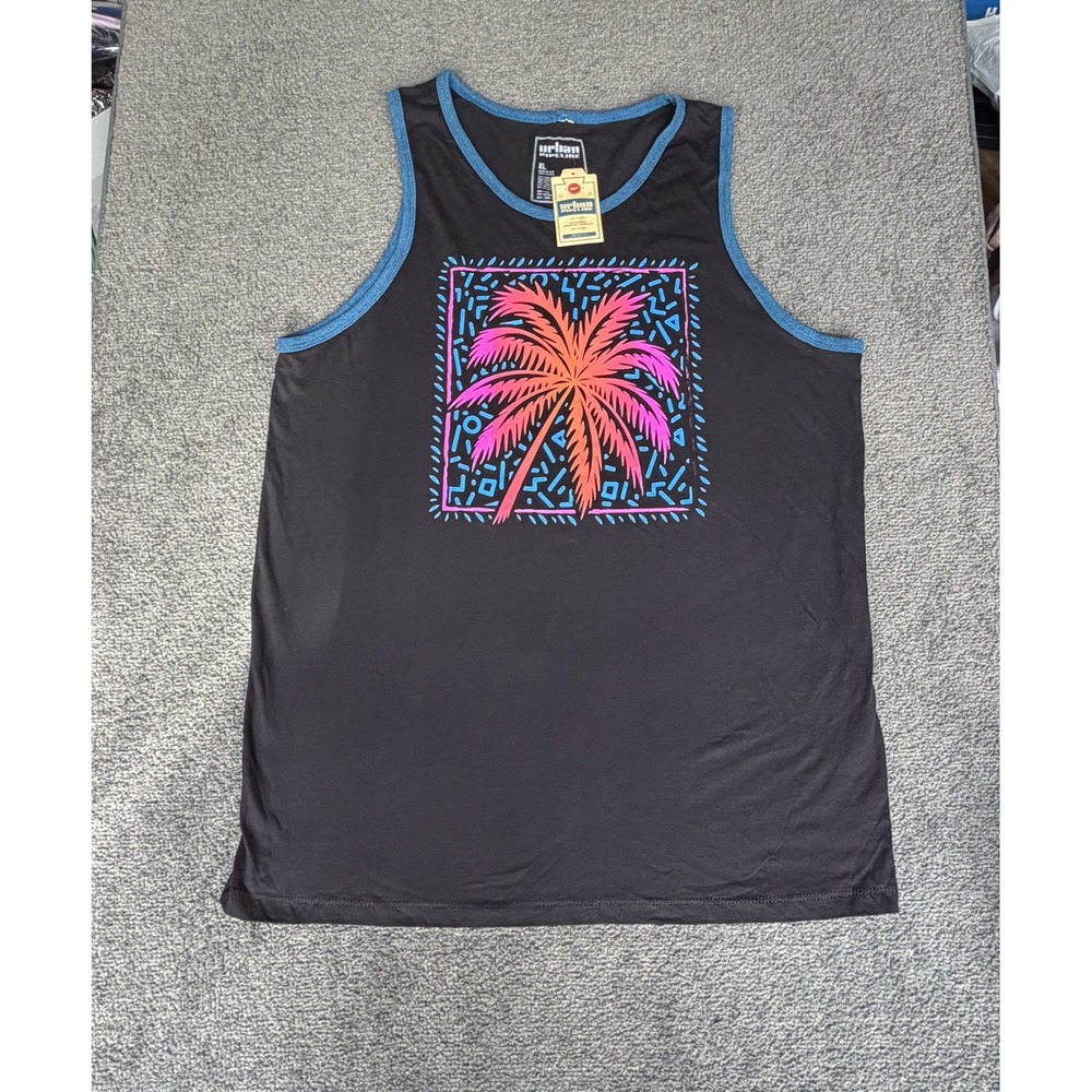 Urban Pipeline Mens XL Tank Top Black Neon Palm Tree Graphic 100% Cotton NWT